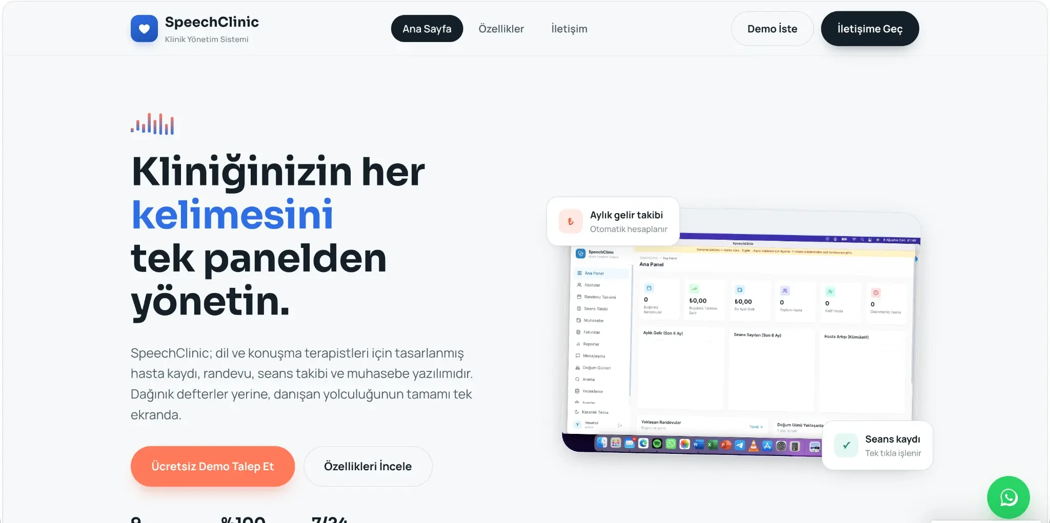 SpeechClinic klinik yönetim sistemi web sitesi referansı
